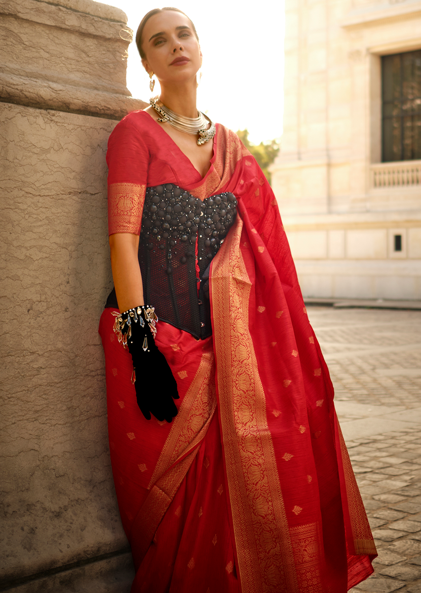 Red Woven Pure Handloom Khadi Silk Saree – Zarikaariindia.com