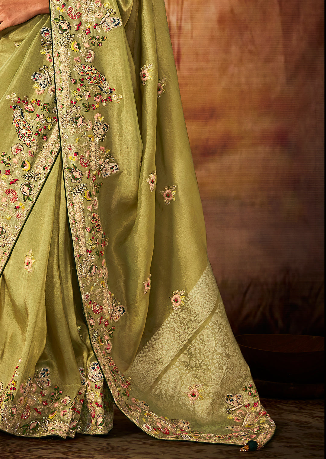 Pear Green Zari Woven Heavy Embroidered Designer Kanjivaram Silk Saree