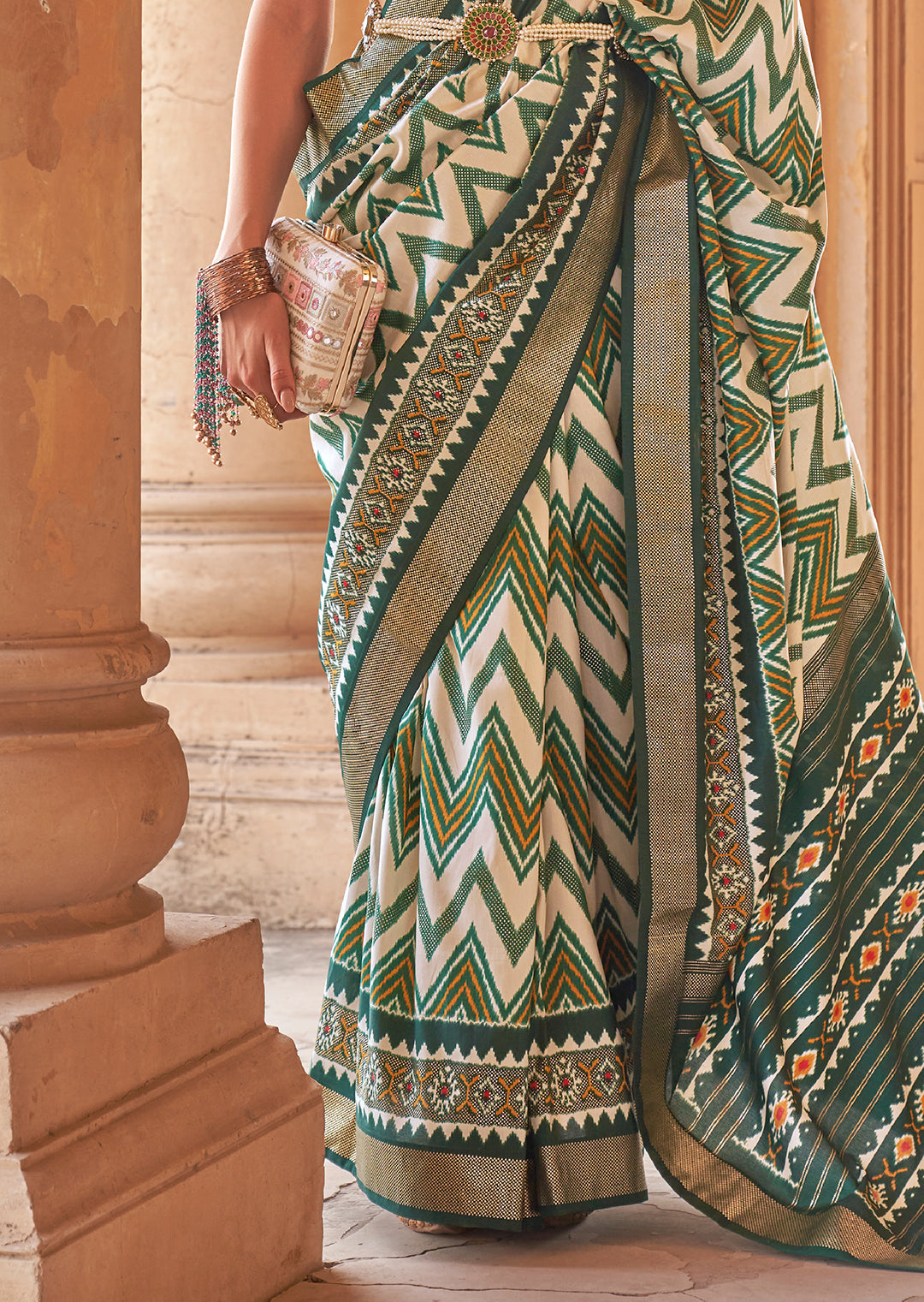 White & Green Woven Patola Silk Saree