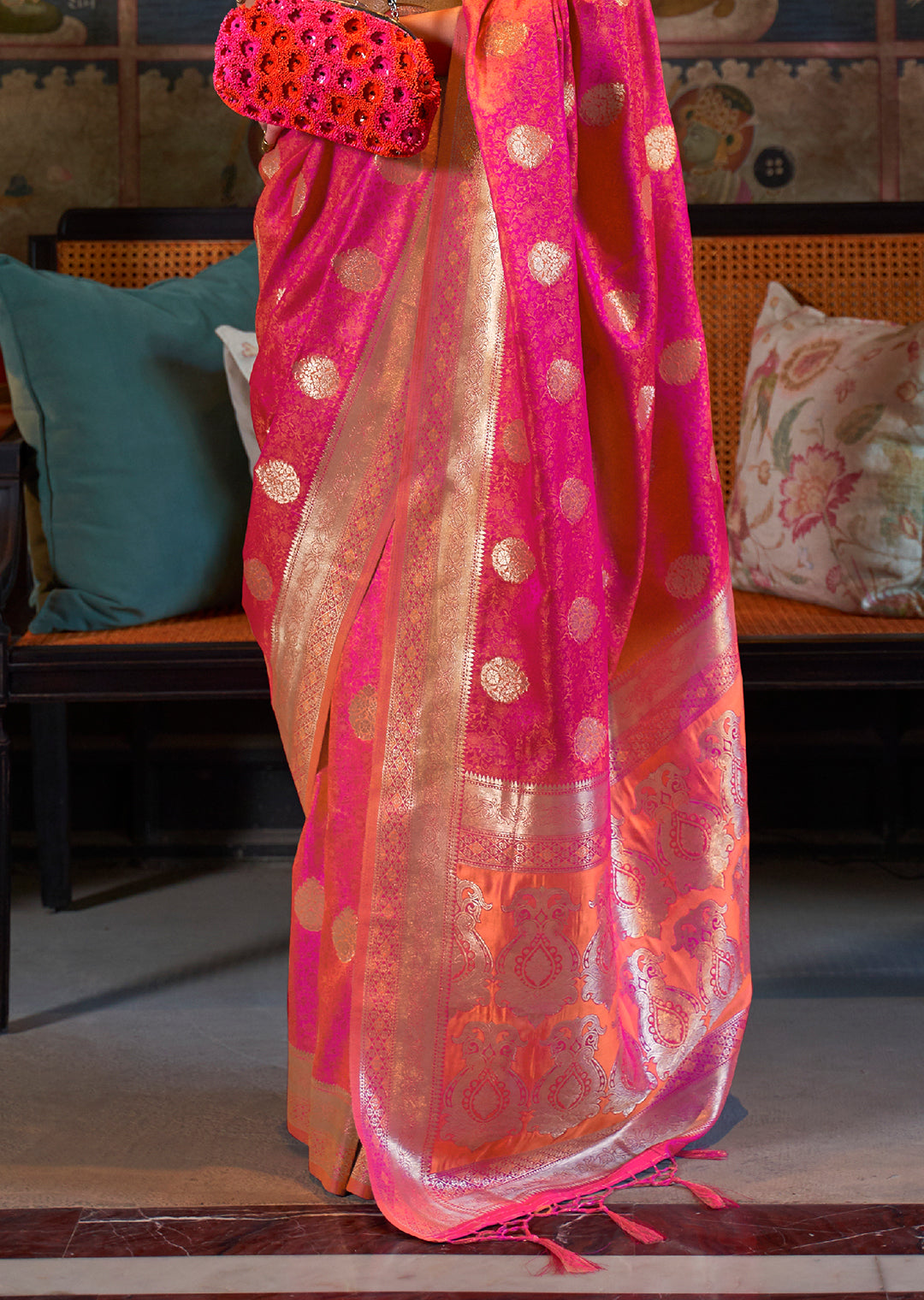 Deep Pink Zari Woven Handloom Pure Banarasi Satin Silk Saree