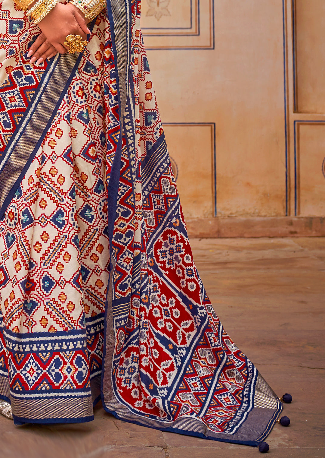 Steel Blue & White Woven Patola Silk Saree