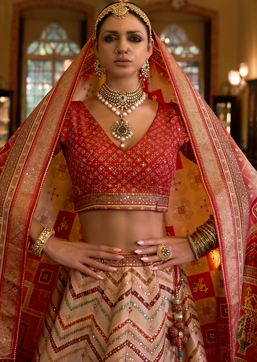 Orange Woven Traditional Rajwadi Patola Silk Lehenga