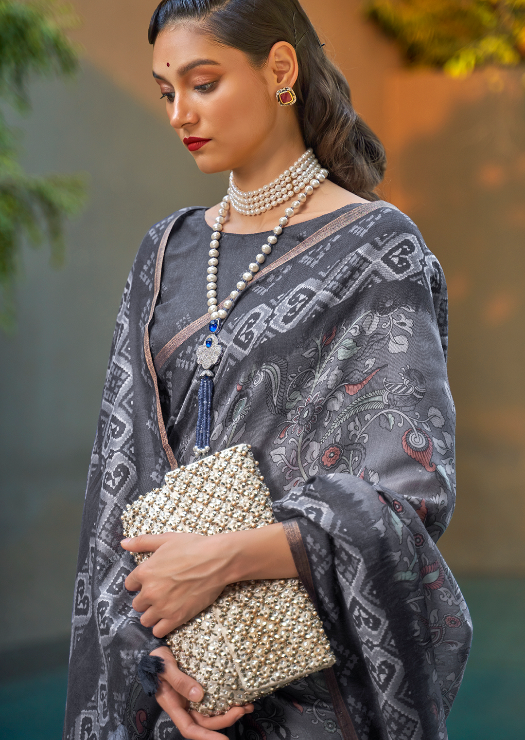 Deep Grey Woven handloom Chanderi Cotton Saree