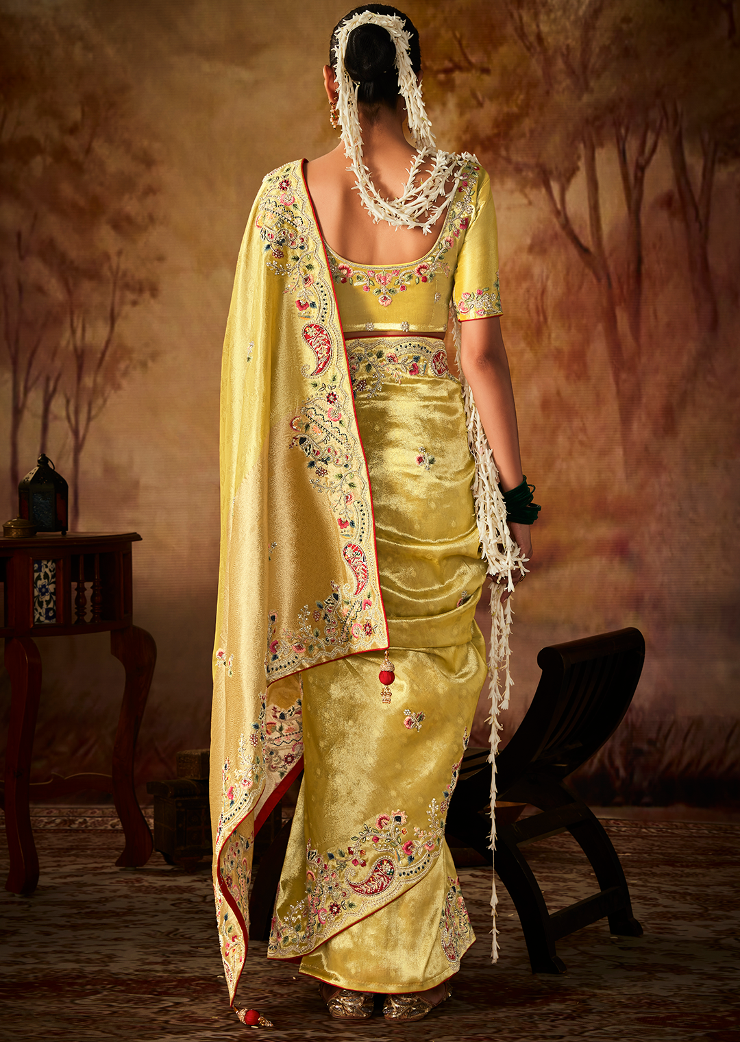 Canary Yellow Zari Woven Heavy Embroidered Designer Kanjivaram Silk Saree