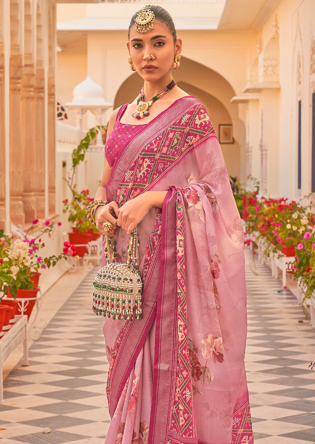 Crepe Pink Woven Chiffon Patola Saree