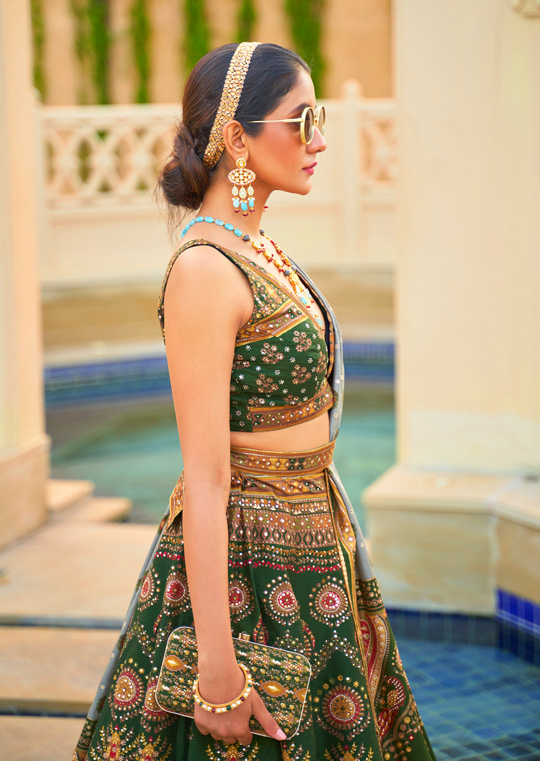 Bottle Green Woven Traditional Rajwadi Patola Silk Lehenga