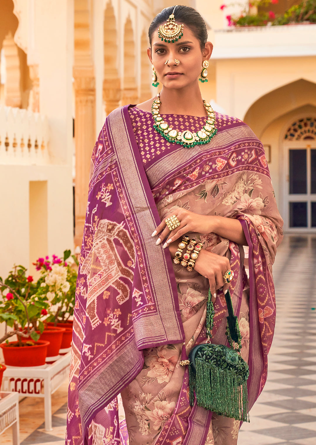 Seashell White & Purple Woven Chiffon Patola Saree