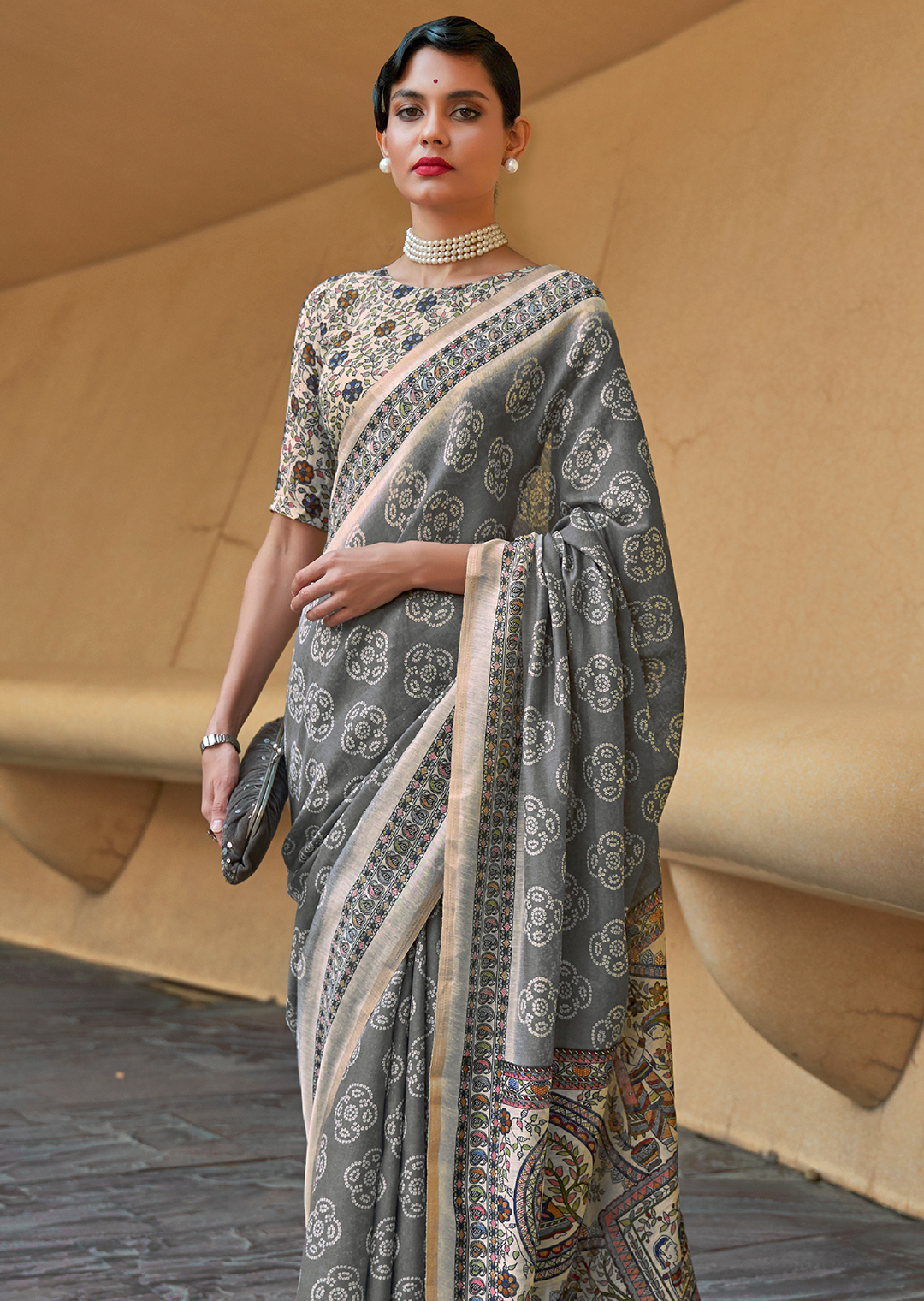 Dove Grey Woven handloom Chanderi Cotton Saree