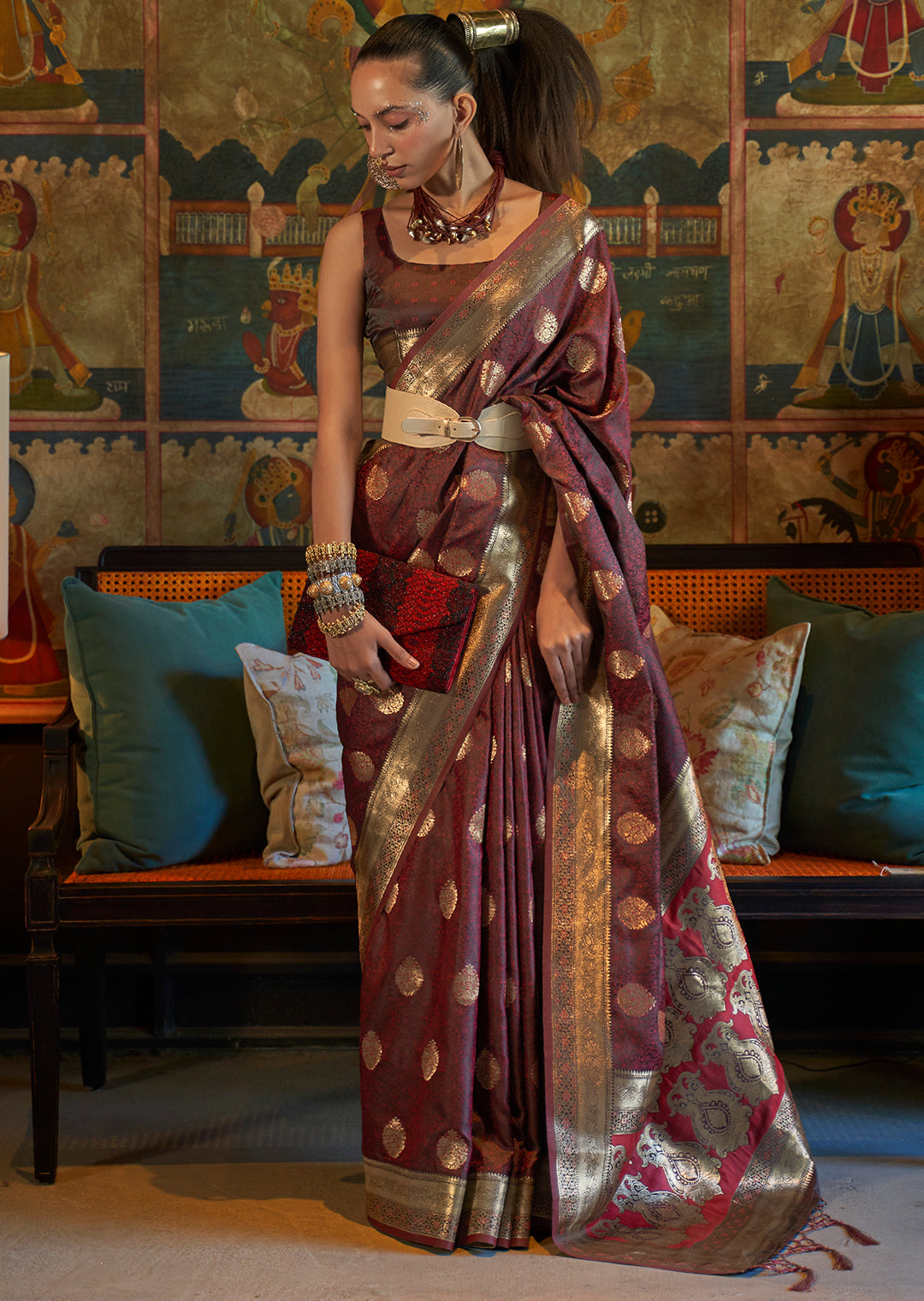 Mahogani Brown Zari Woven Handloom Pure Banarasi Satin Silk Saree