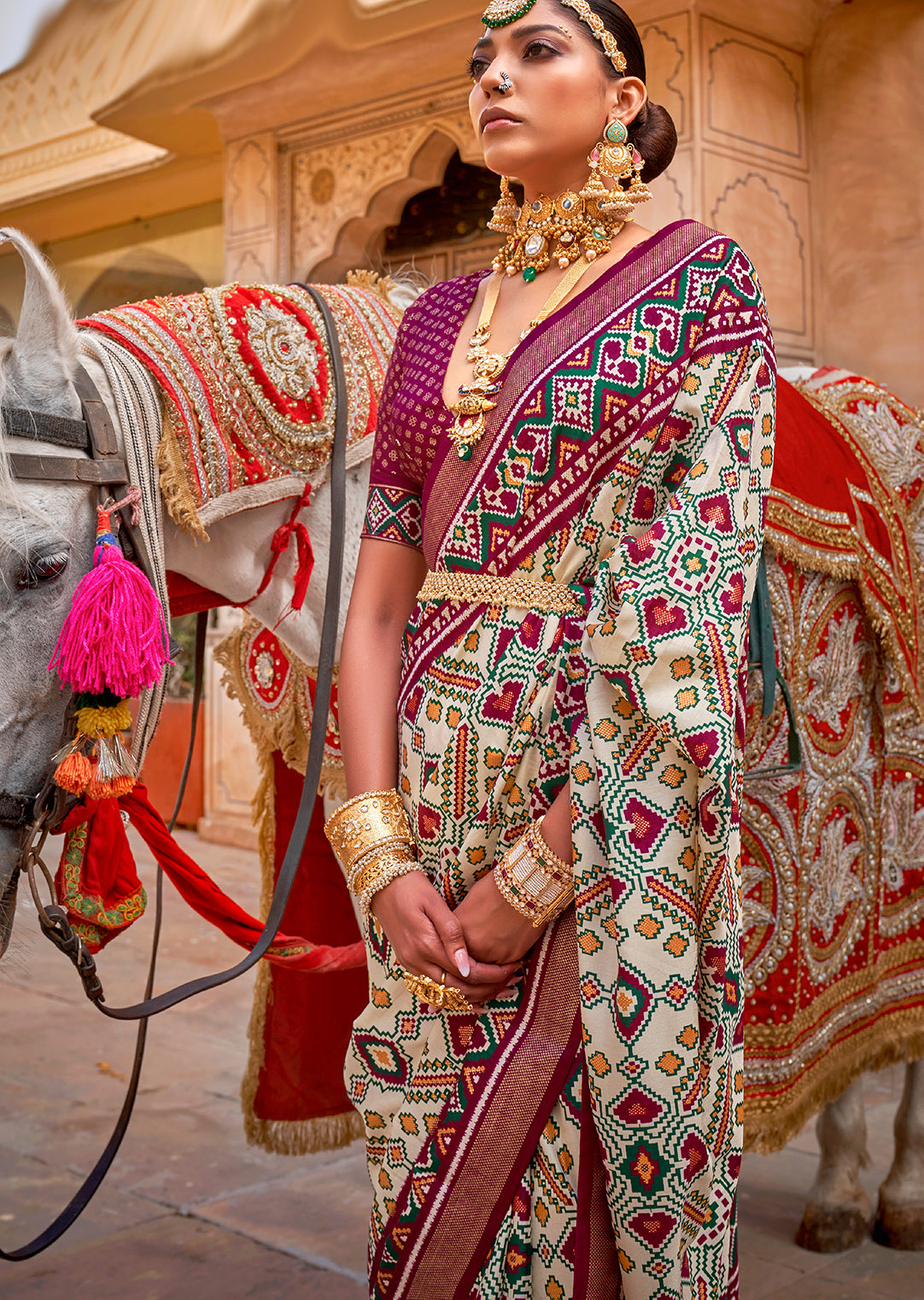 Maroon Red & White Woven Patola Silk Saree