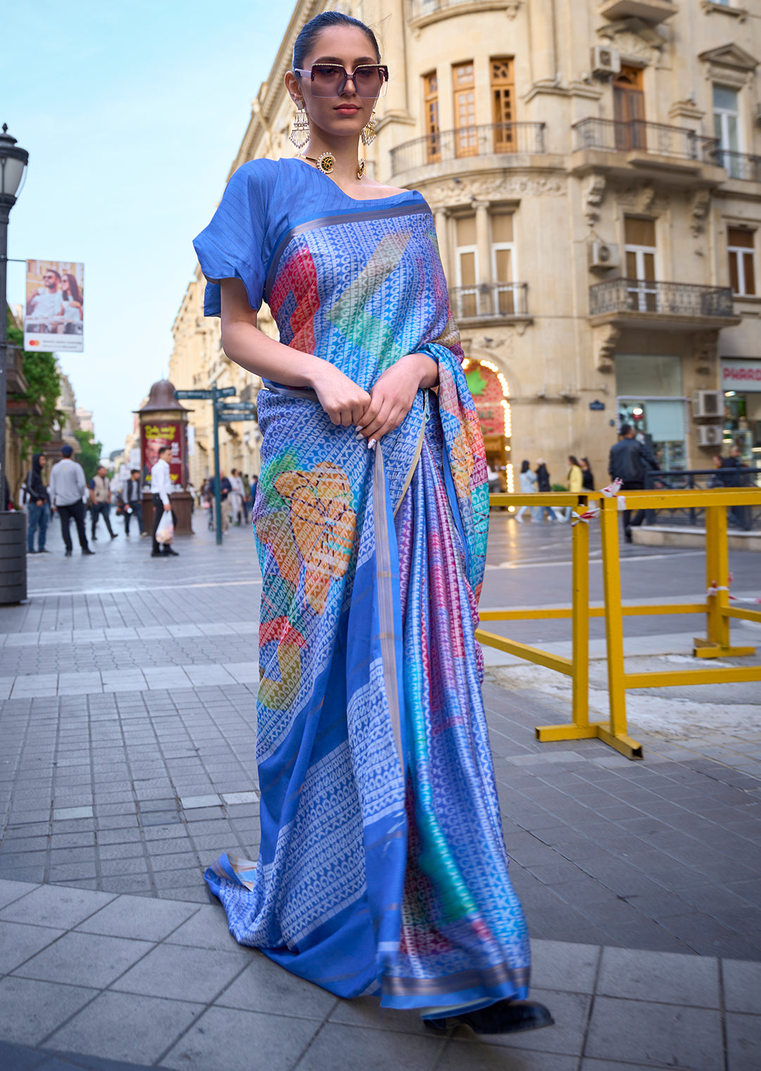 Blue Woven Digital Printed Crepe Silk Saree