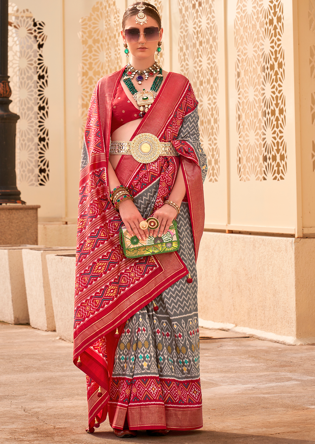 Grey & Red Woven Patola Silk Saree