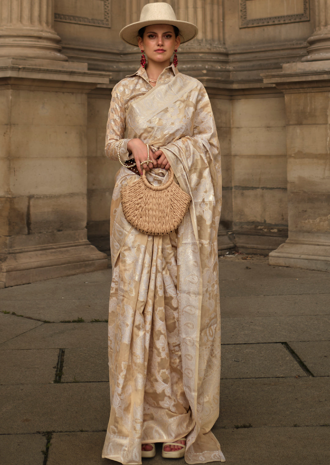 Beige Woven Handloom Chikankari Lucknowi Organza Silk Saree