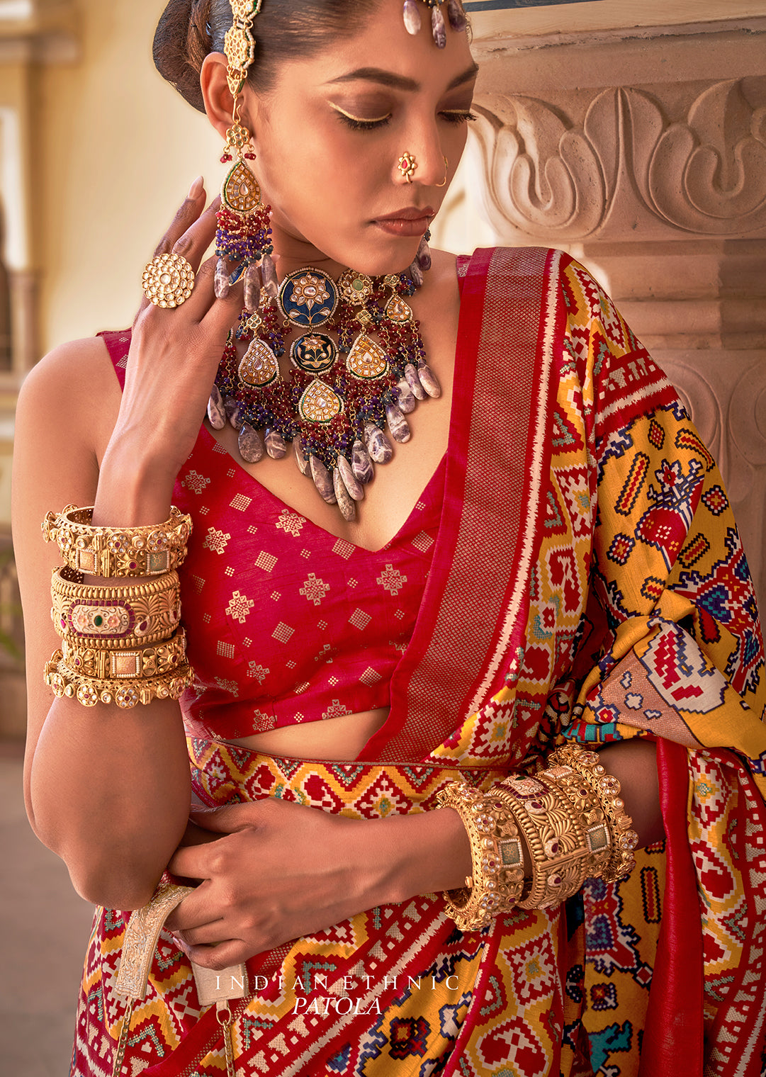 Mustard Yellow & Red Woven Patola Silk Saree