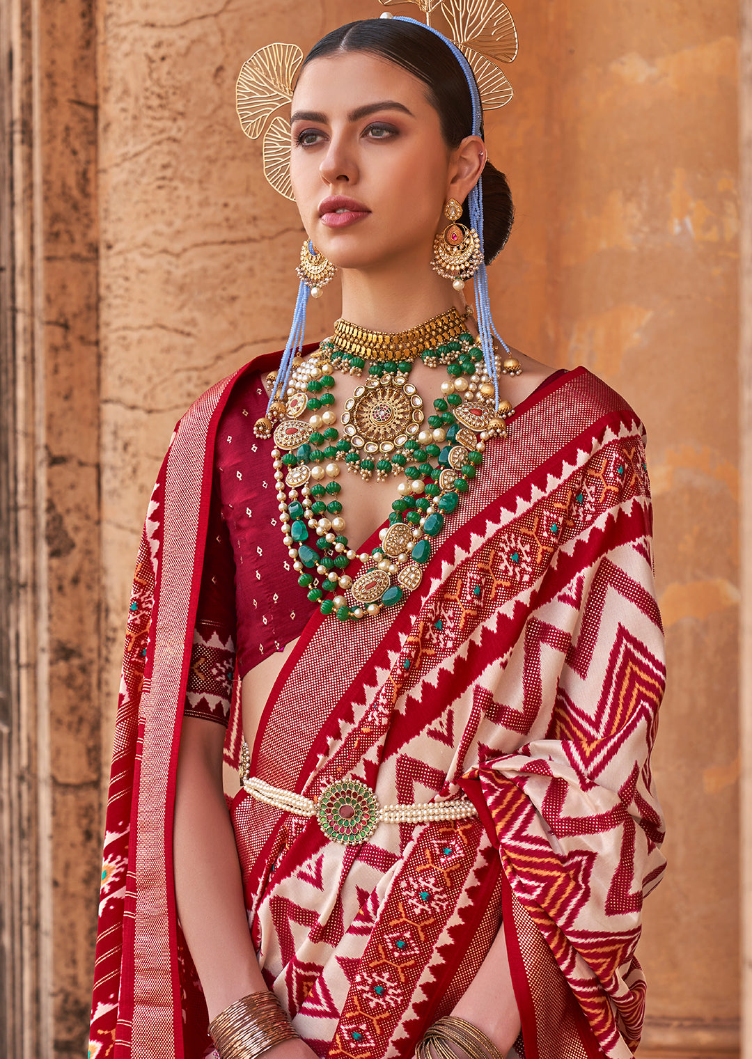 White & Red Woven Patola Silk Saree