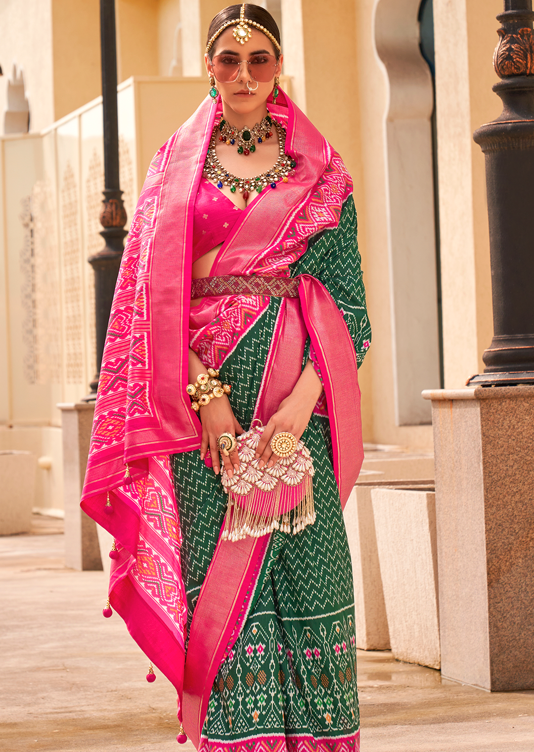 Bottle Green Woven Patola Silk Saree