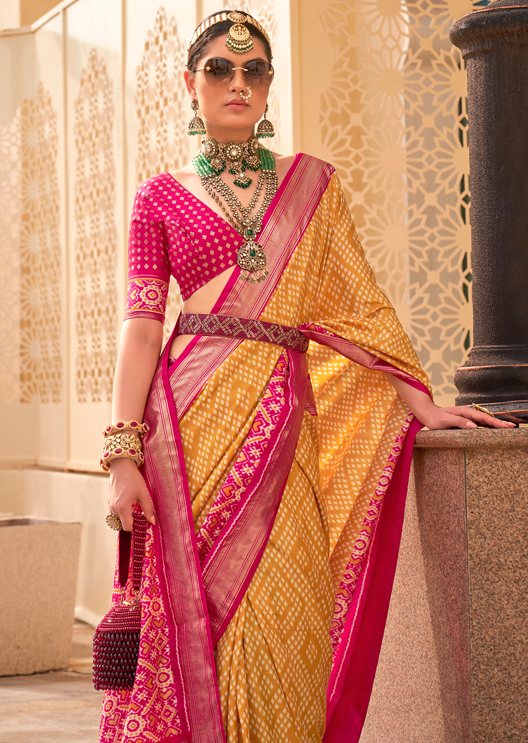 Mustard Yellow & Red	Woven Patola Silk Saree