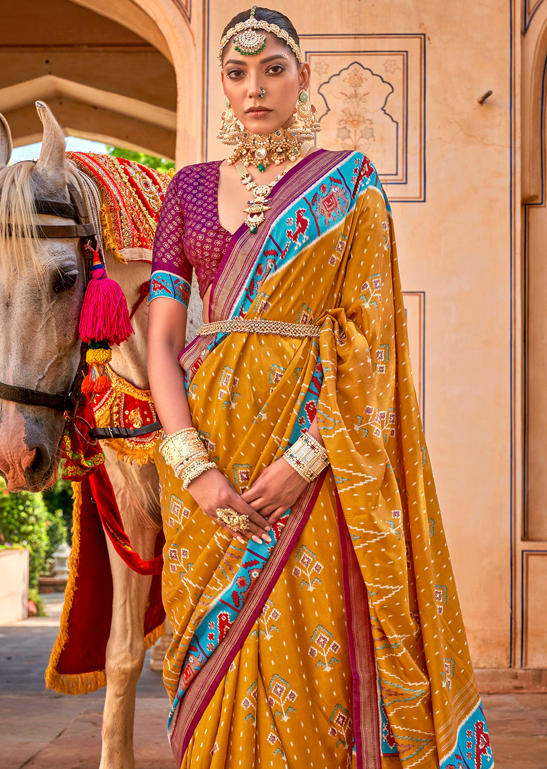 Mustard Yellow & Purple Woven Patola Silk Saree