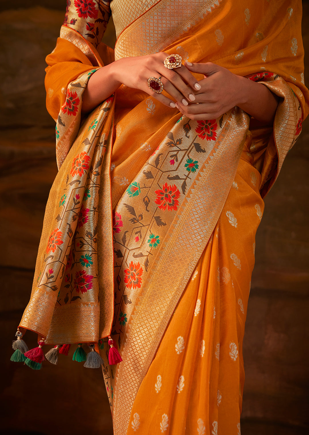 Mustard Yellow Zari & Resham Woven Designer Banarasi Silk Saree