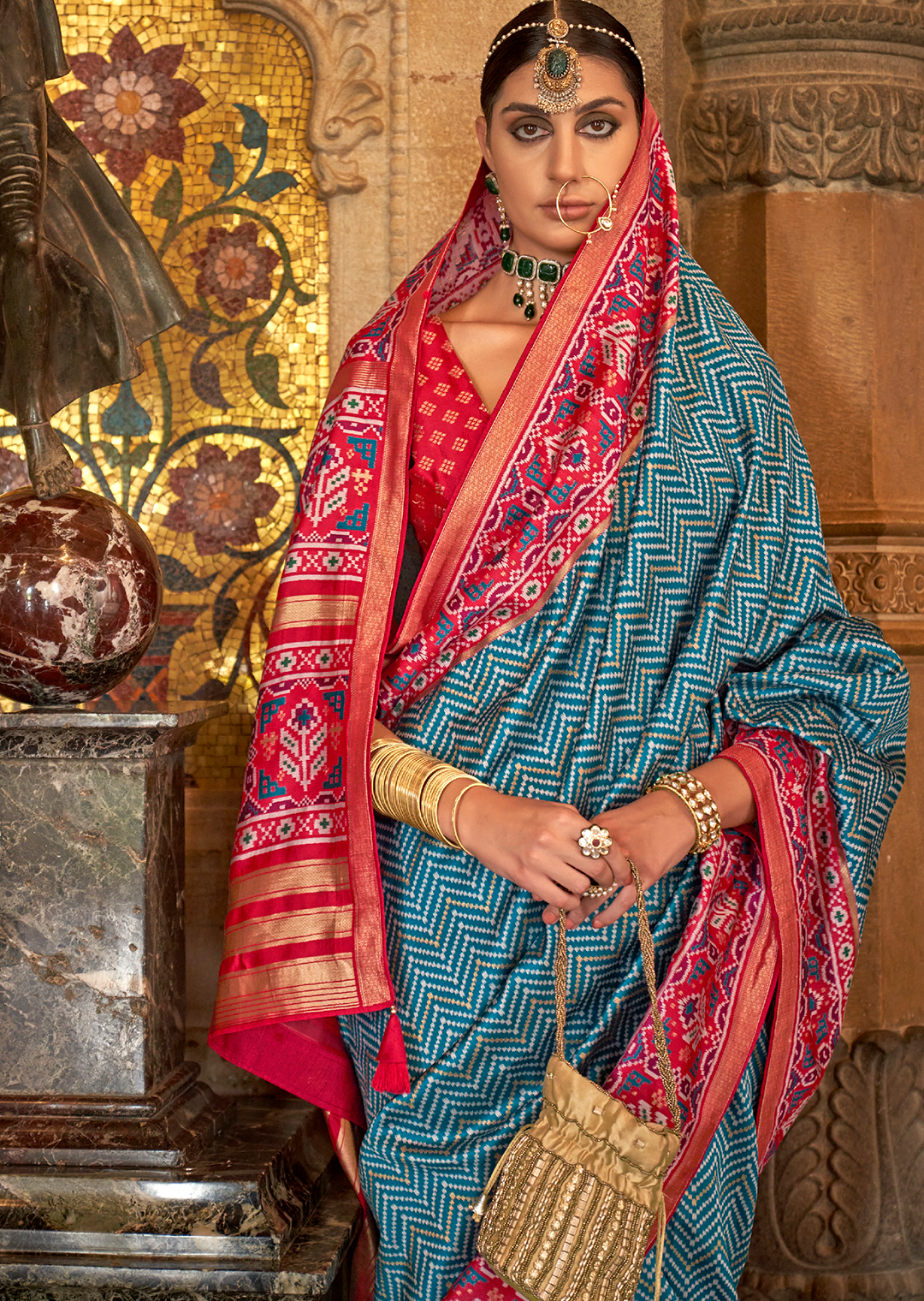 Teal Blue Woven Royal Traditional Patola Silk Saree