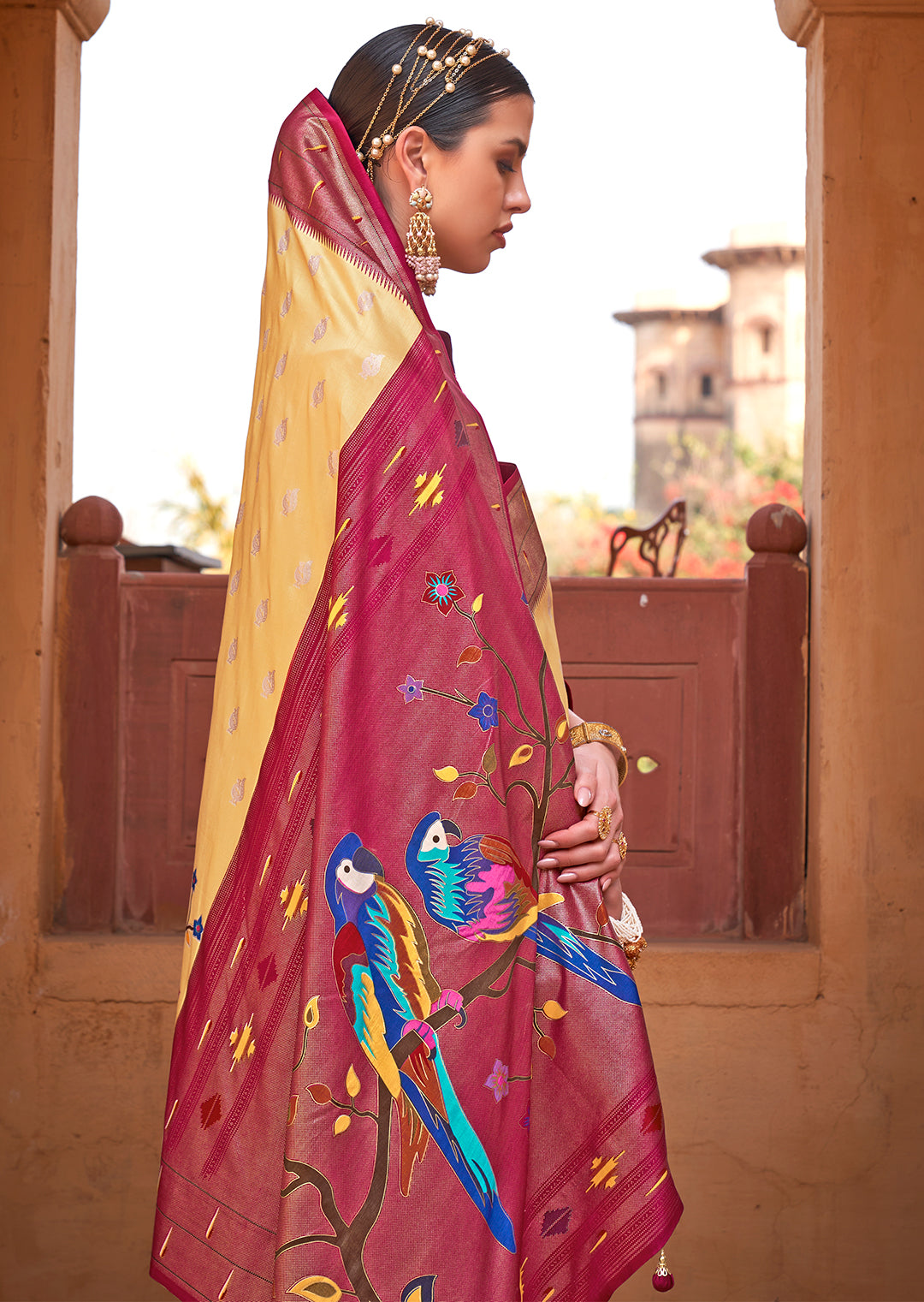 Lemon Yellow & Red Woven Paithani Silk Saree