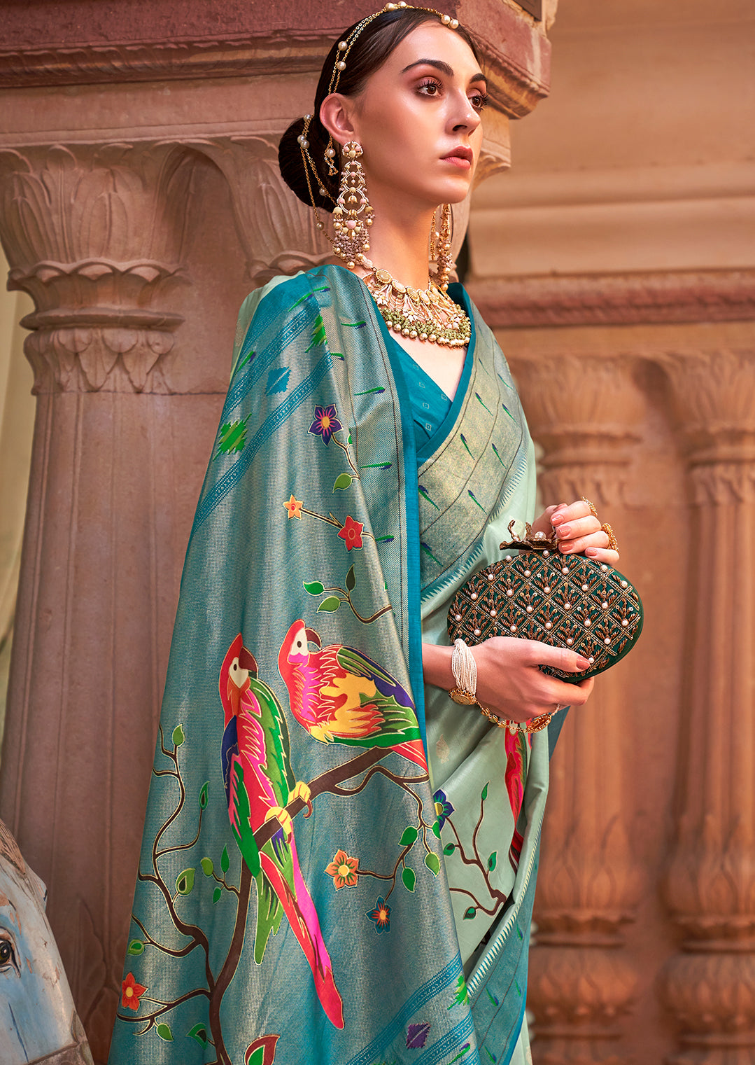 Ivory White & Pink Woven Paithani Silk Saree