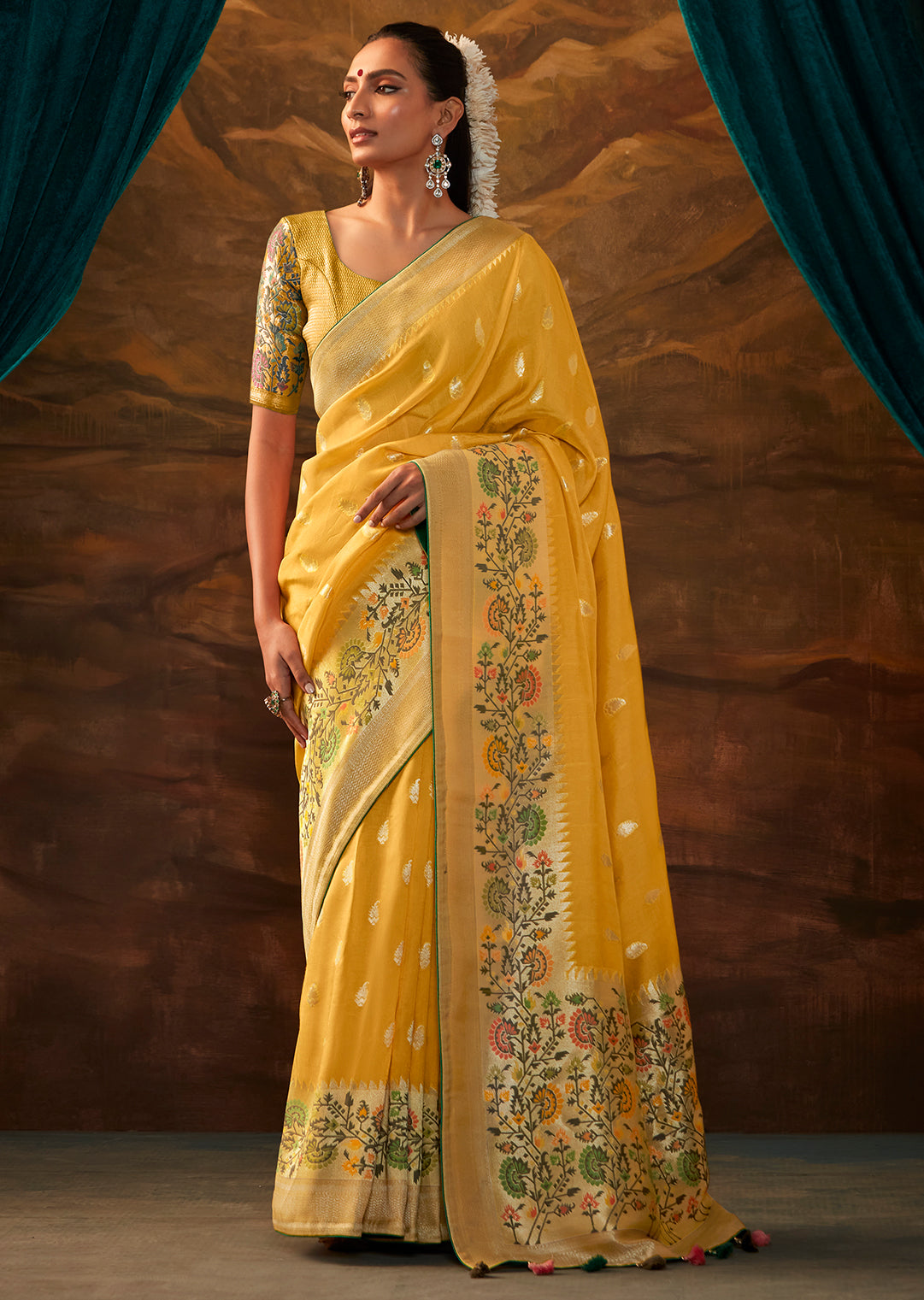 Corn Yellow Zari & Resham Woven Designer Banarasi Silk Saree