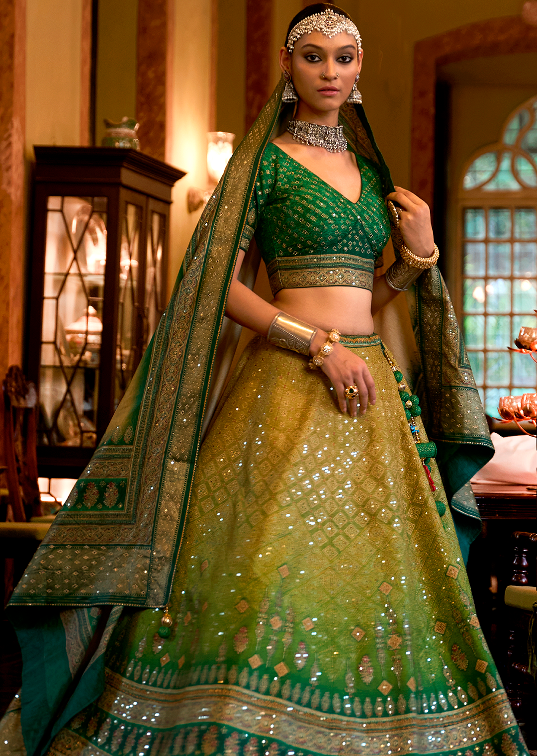 Jade Green Woven Traditional Rajwadi Patola Silk Lehenga