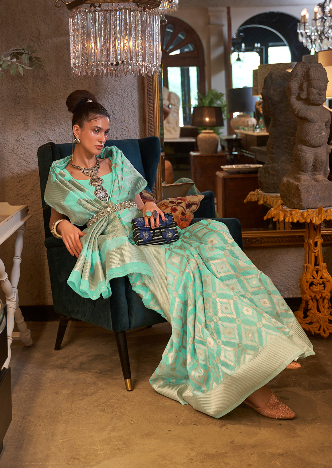 Mint Green Woven Handloom Pure Linen Saree