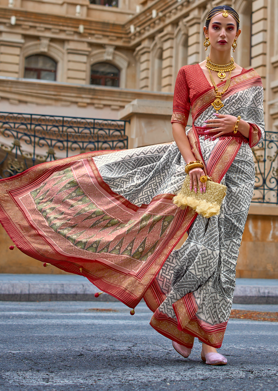 White & Red Woven Royal Traditional Patola Silk Saree