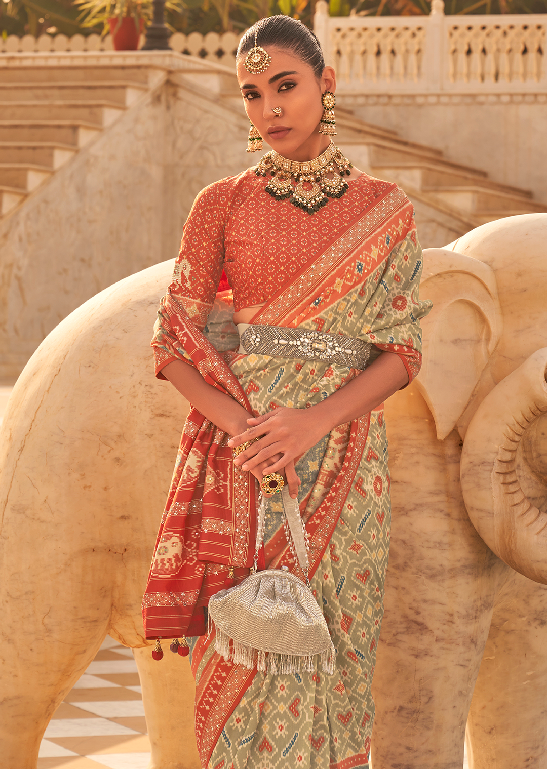 Light Tea Green Woven Royal Traditional Patola Silk Saree