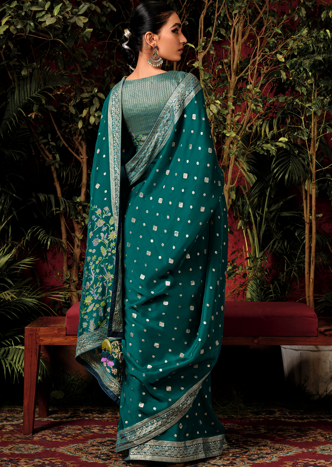 Pine Green Woven Pure Viscose Dola Silk Banarasi Saree