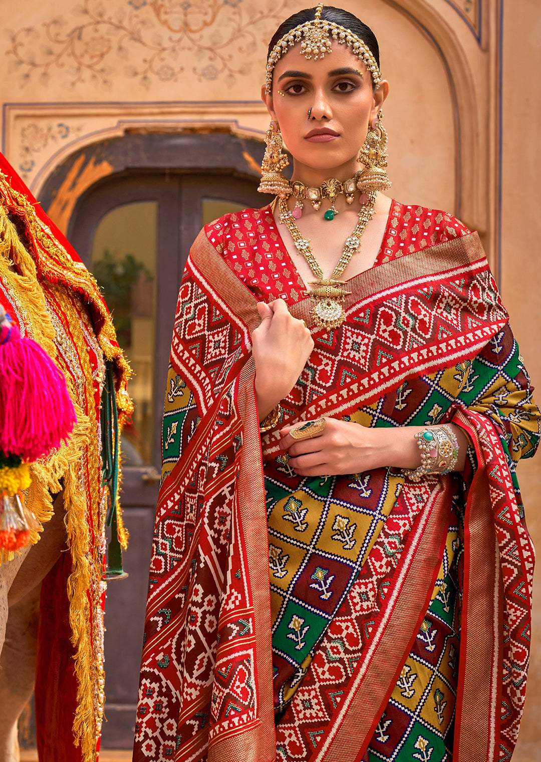 Mustard Yellow & Red Woven Patola Silk Saree