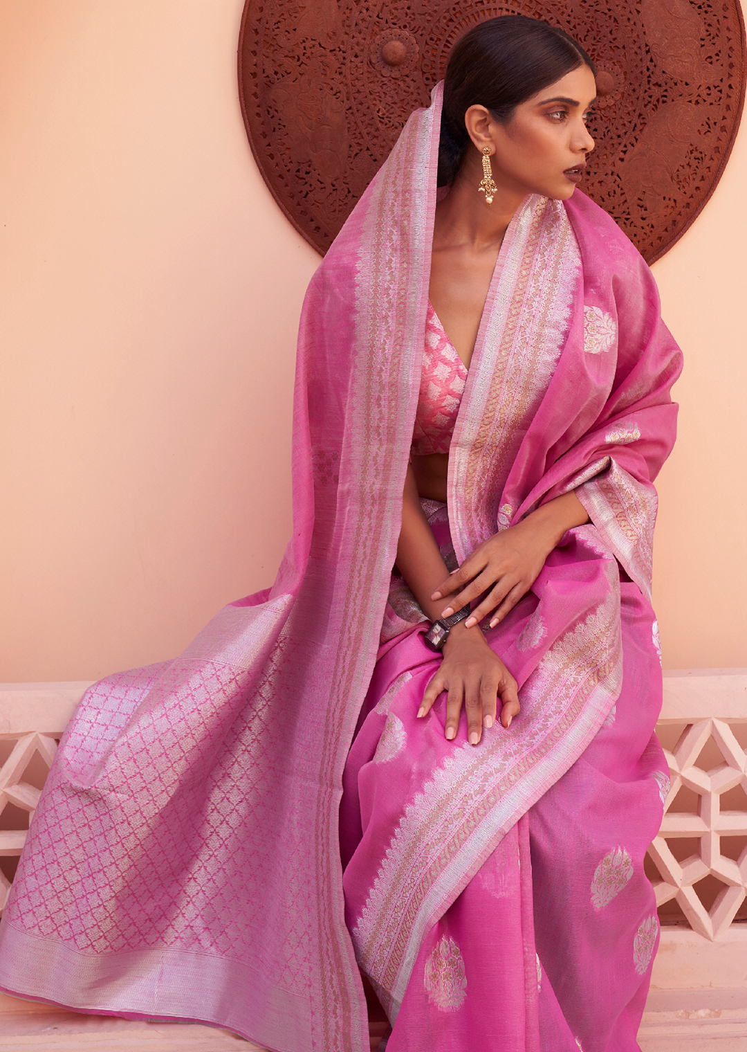 PINK WOVEN PURE HANDLOOM LINEN SAREE