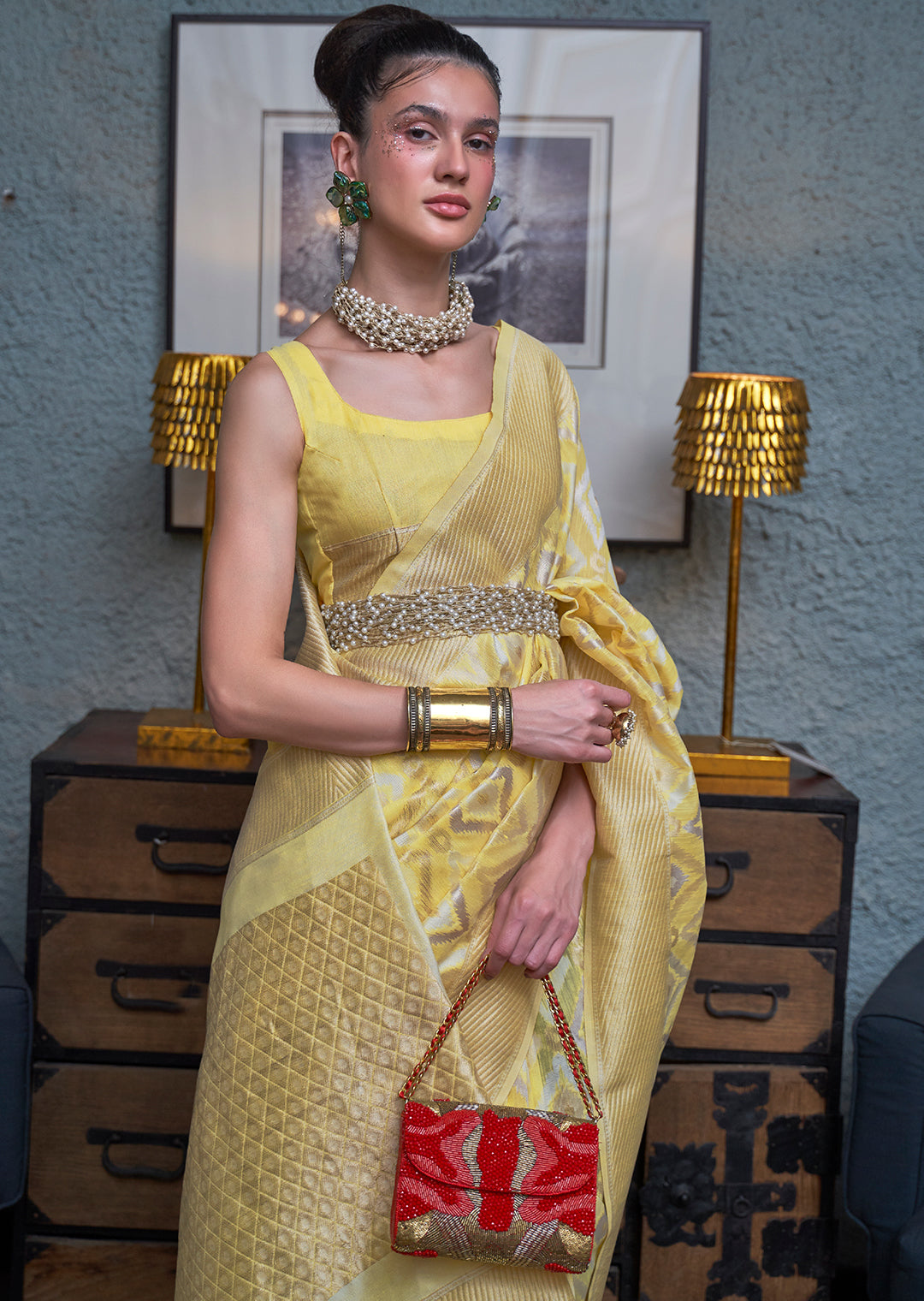 Lemmon Yellow Woven Handloom Pure Linen Saree