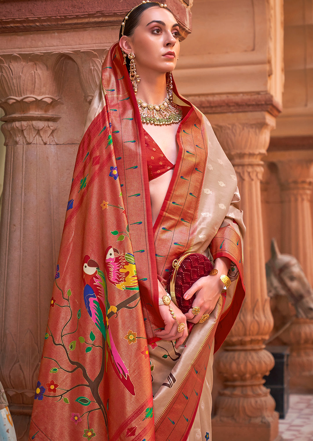 Beige & Red Woven Paithani Silk Saree