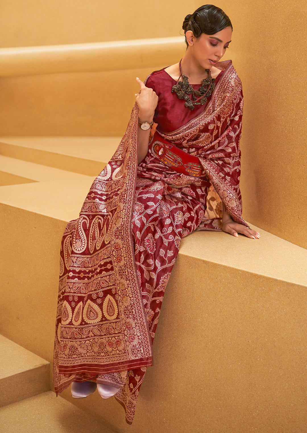 MAROON RED WOVEN CHIKANKARI LUCKNOWI COTTON SAREE