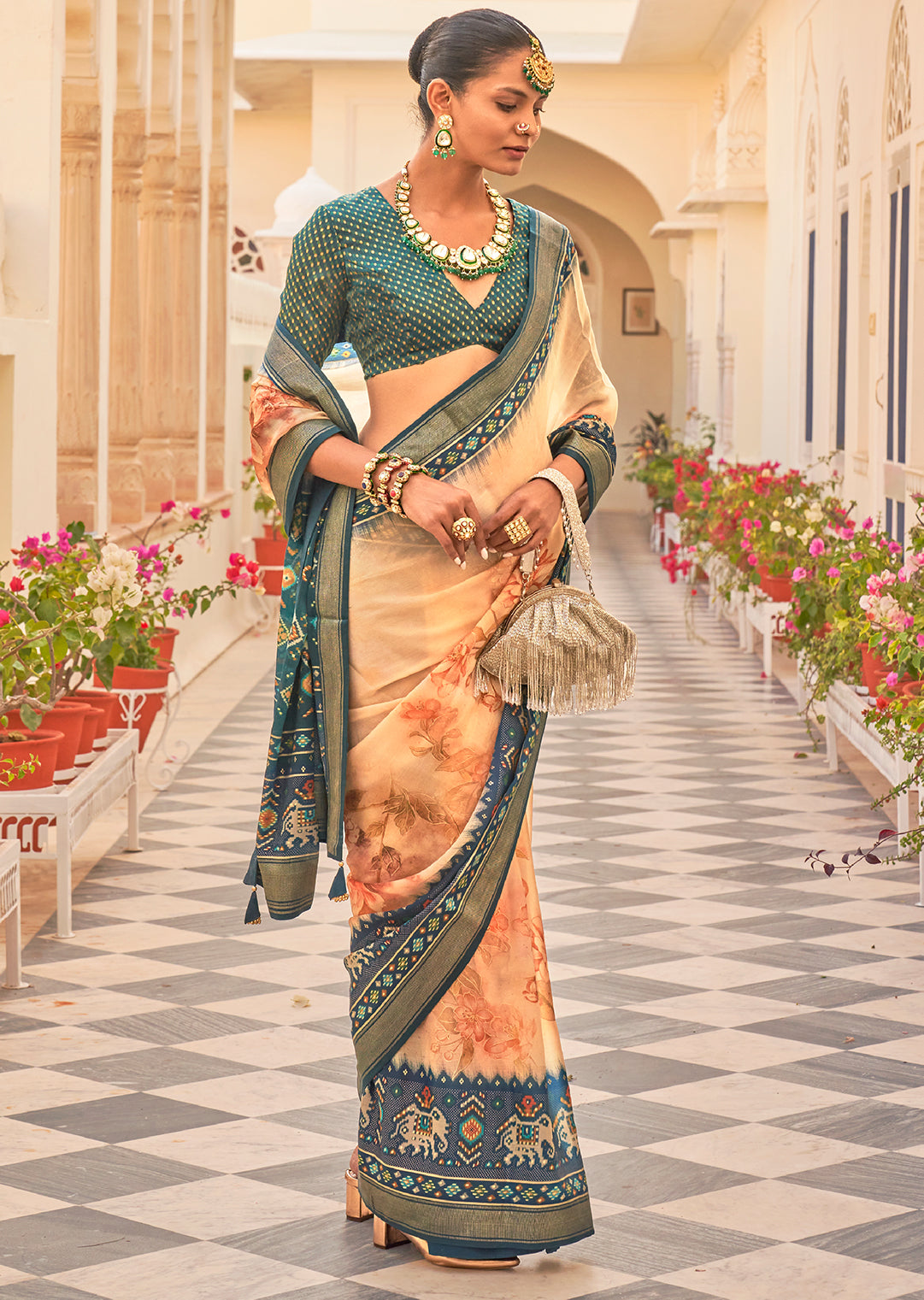 Peach & Teal Green Woven Chiffon Patola Saree