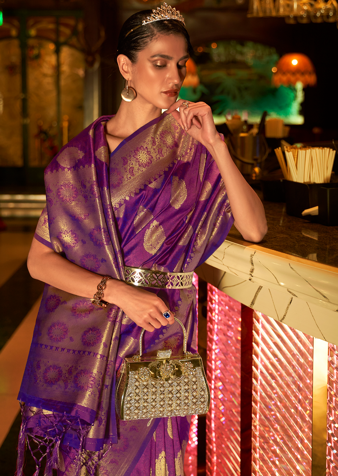 Purple Zari Woven Pure Handloom Banarasi Silk Saree