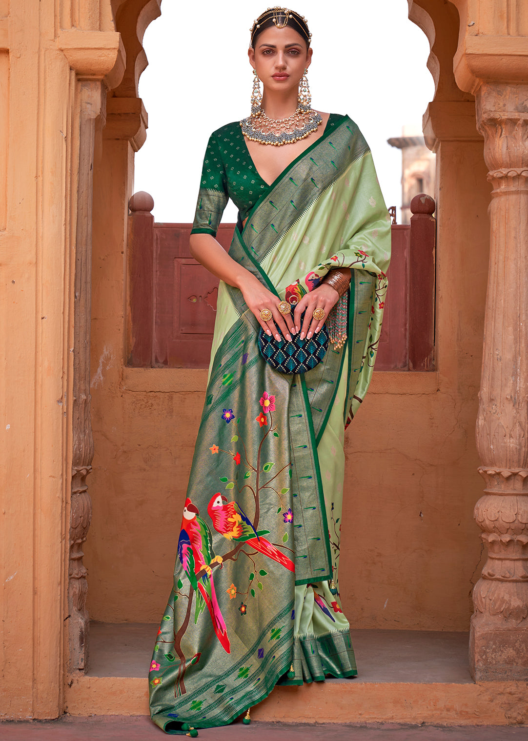 Mint Green Woven Paithani Silk Saree