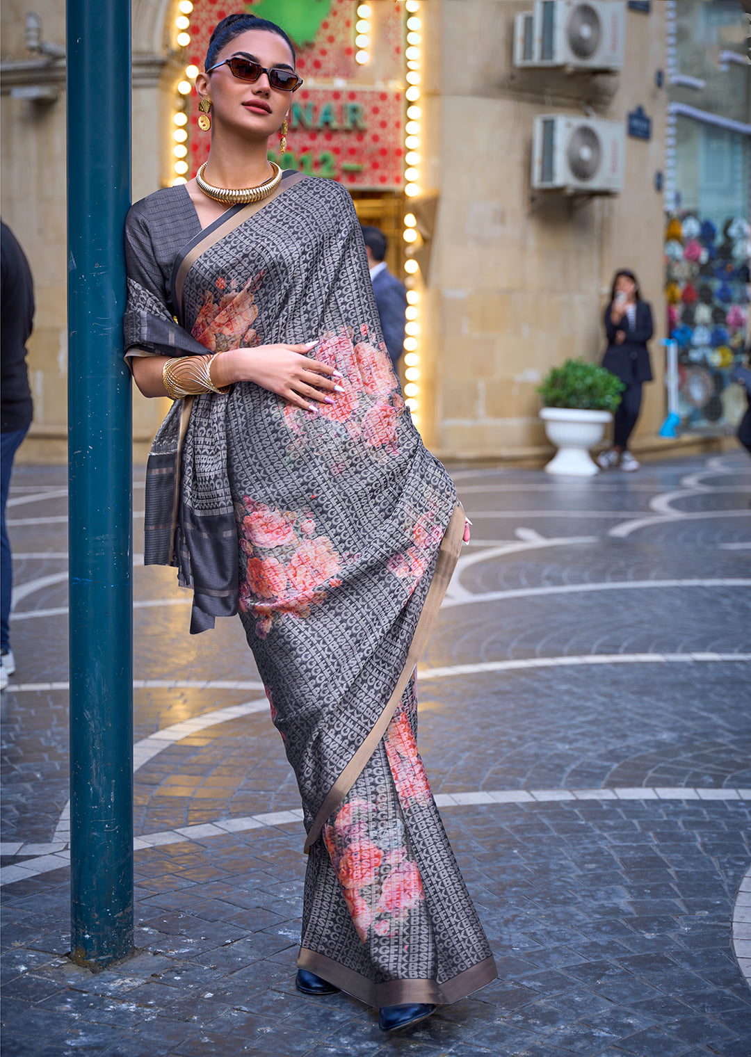 Grey Woven Digital Printed Crepe Silk Saree