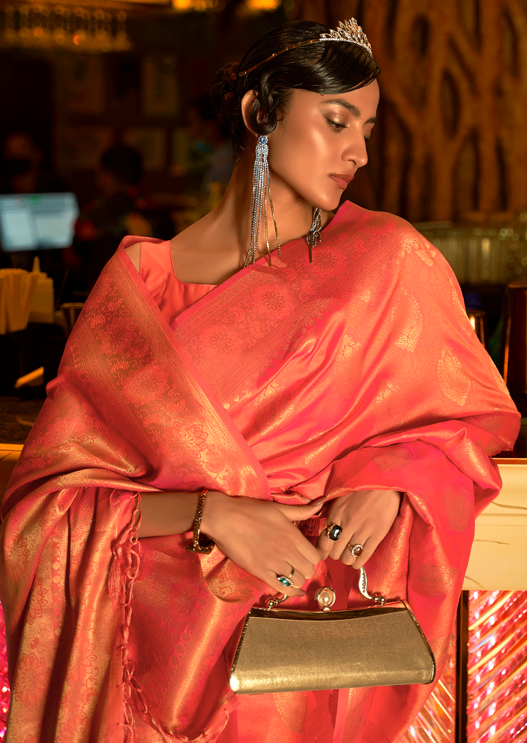 Coral Orange	Zari Woven Pure Handloom Banarasi Silk Saree