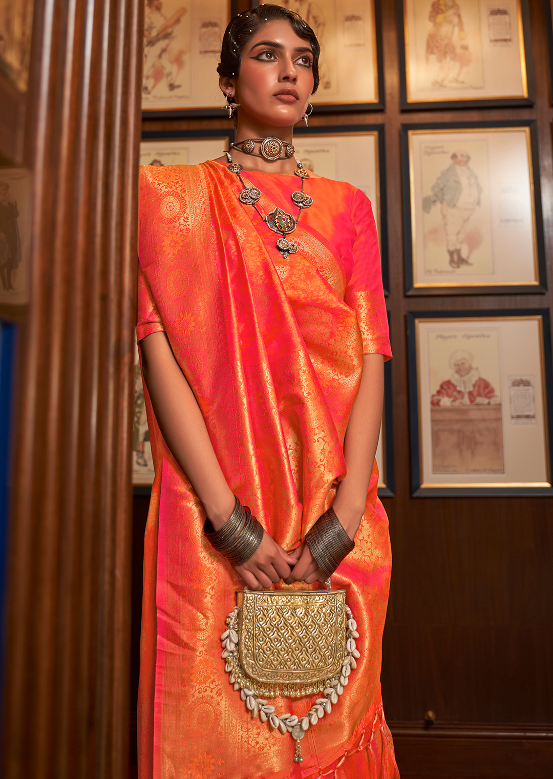 SUNSET ORANGE  ZARI WOVEN HANDLOOM BANARASI SILK SAREE