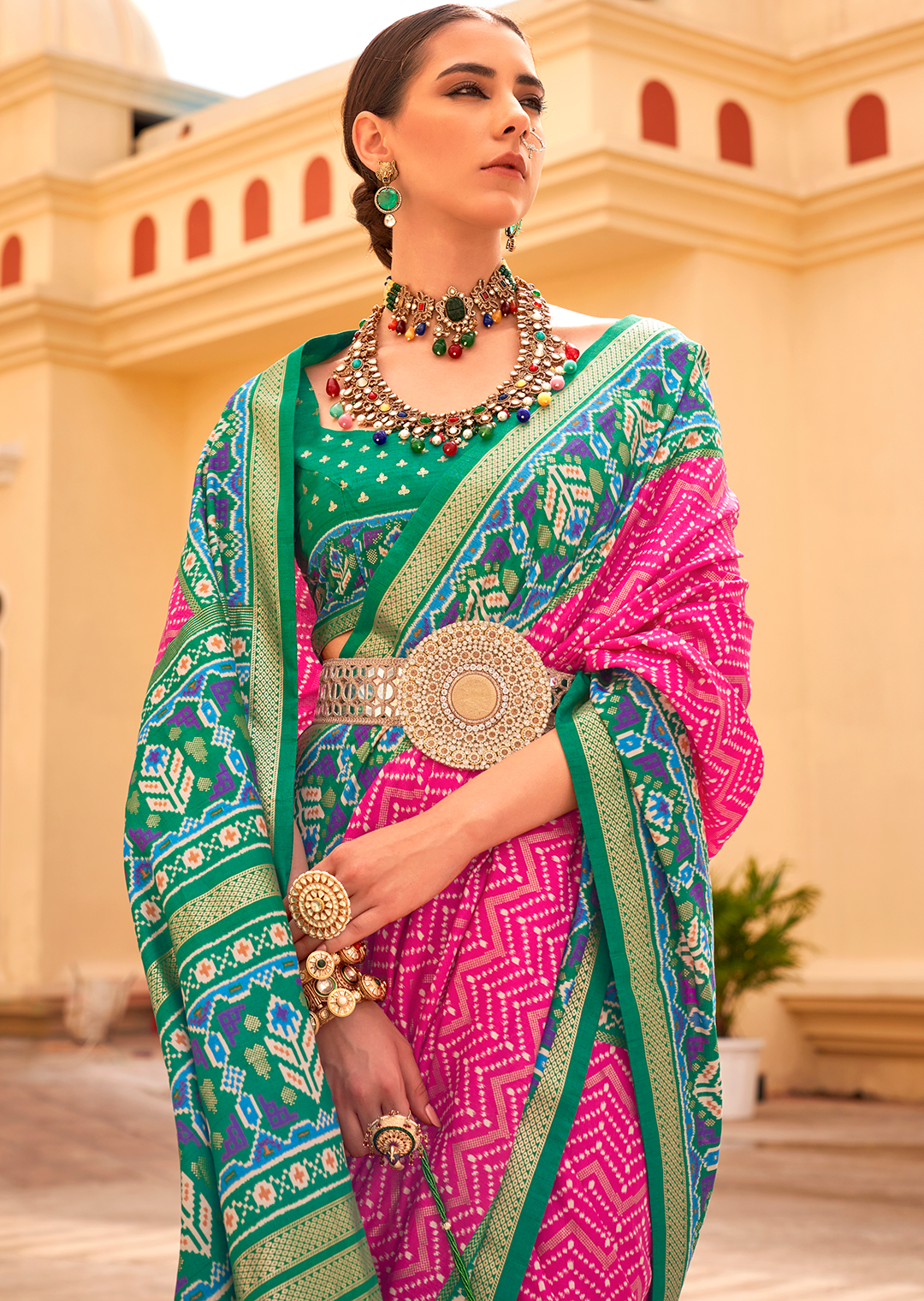 Deep Pink & Green Woven Patola Silk Saree