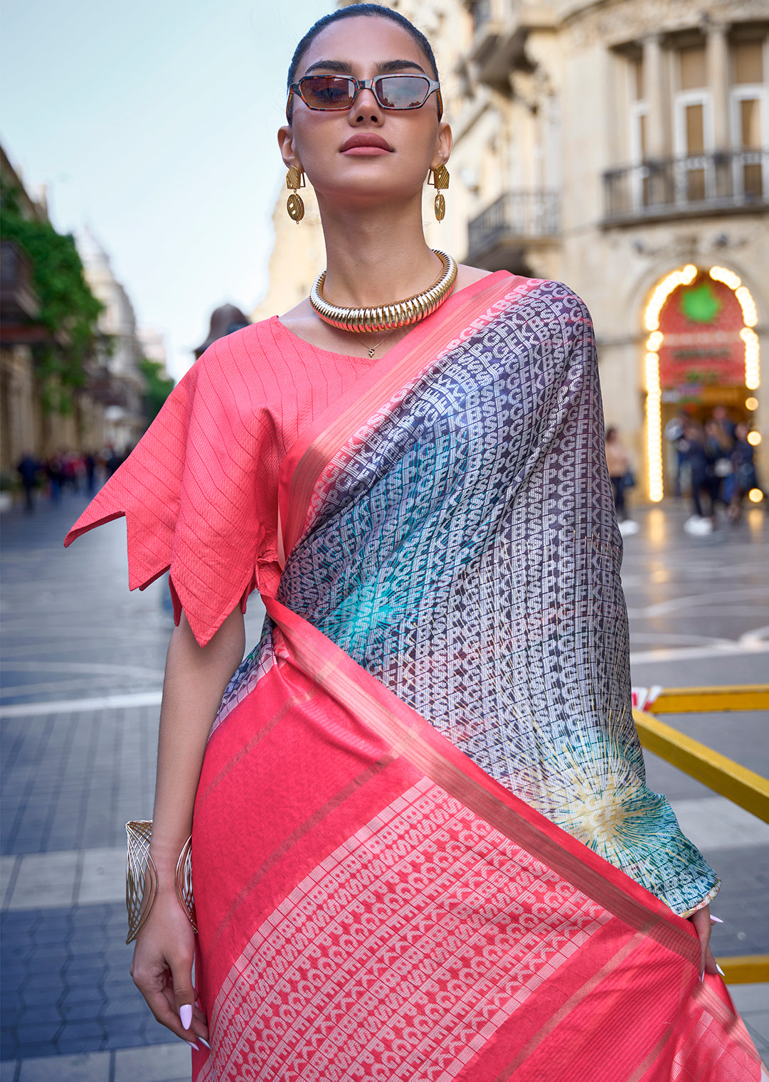 Grey Woven Digital Printed Crepe Silk Saree