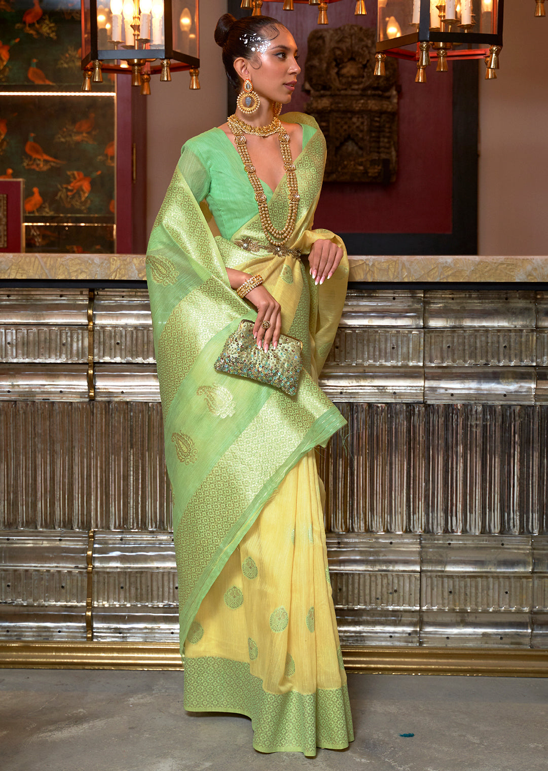 Lime Yellow Woven Pure Handloom Linen Saree