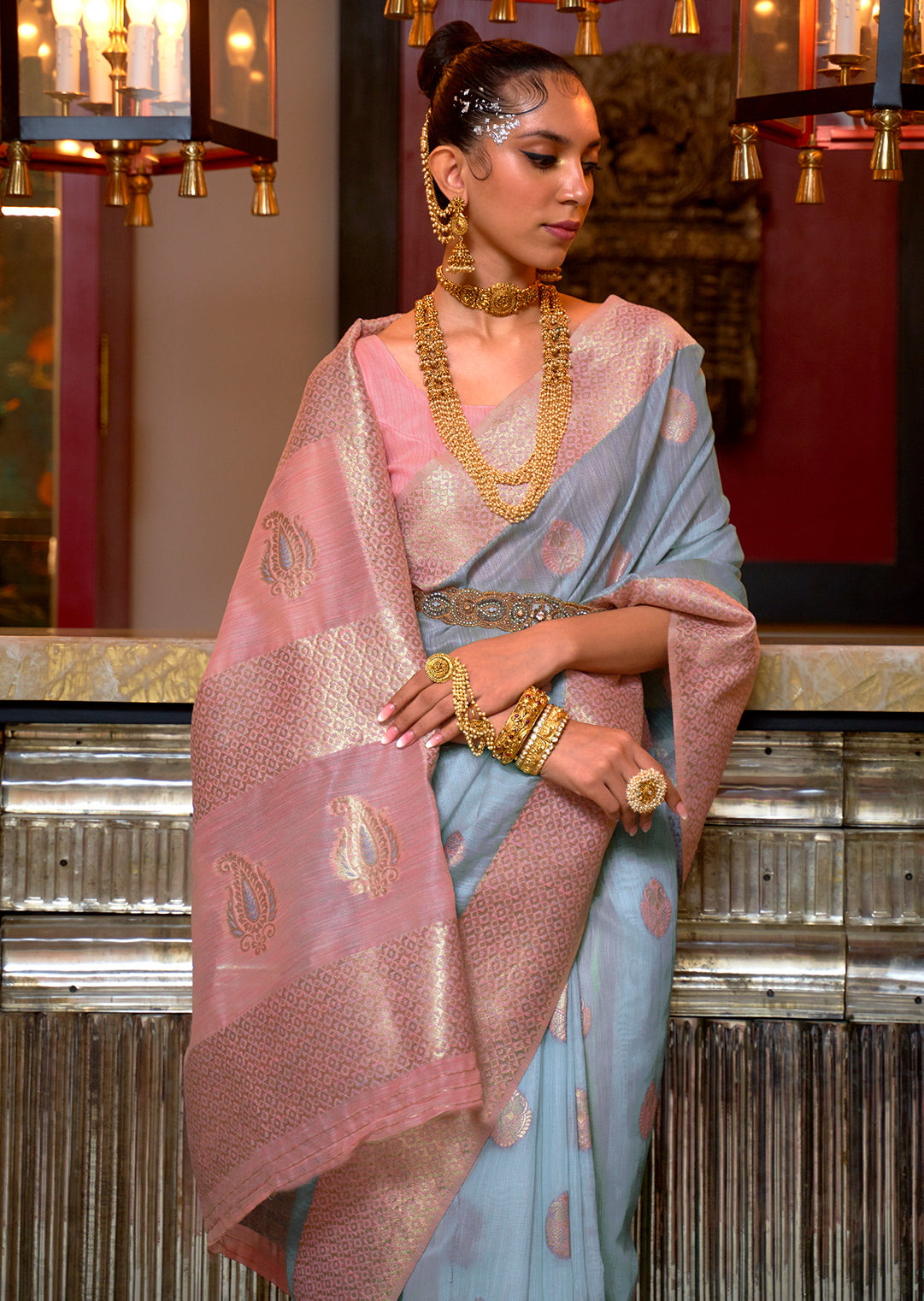 Sky Blue Woven Pure Handloom Linen Saree