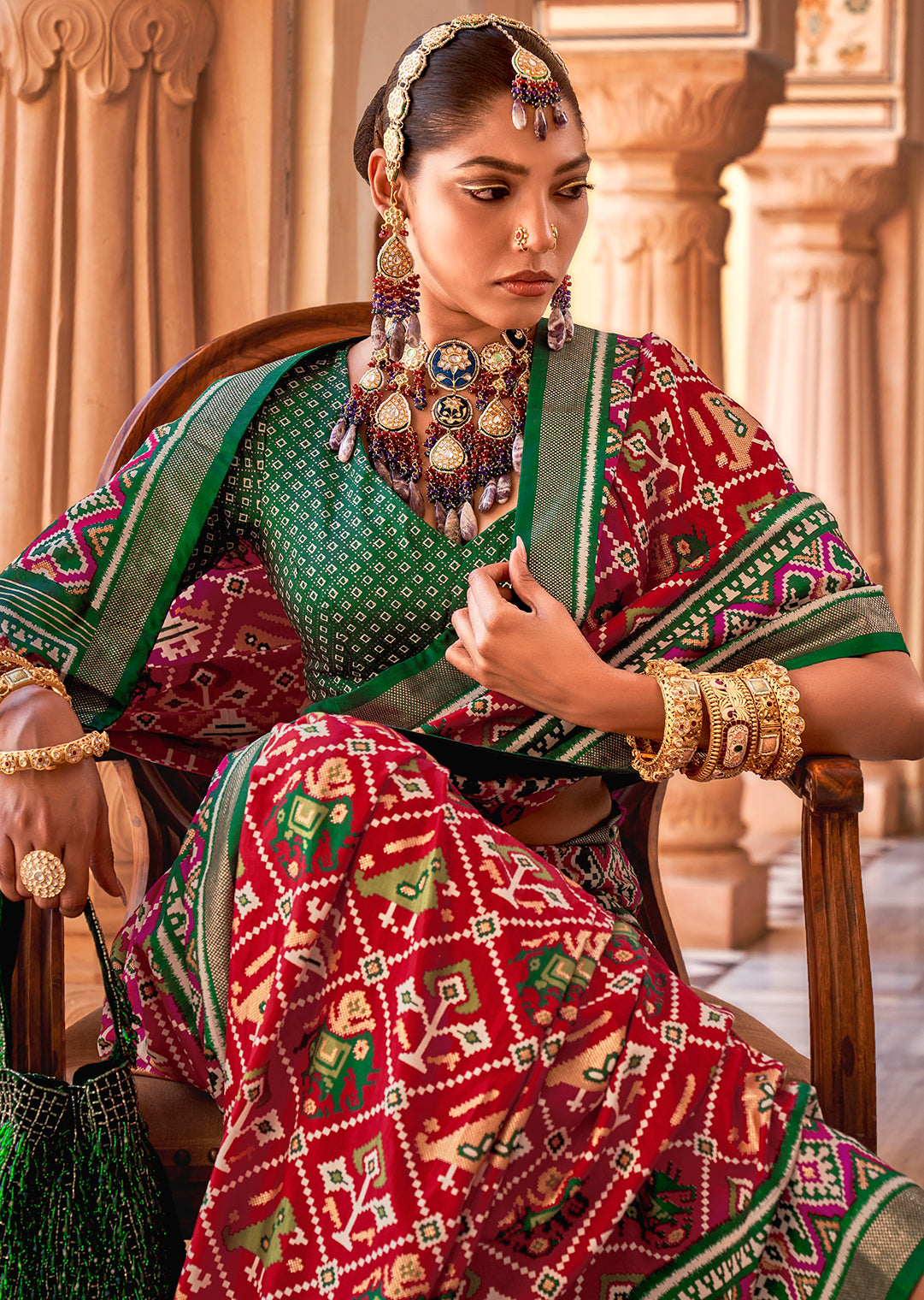 Red & Green Woven Patola Silk Saree