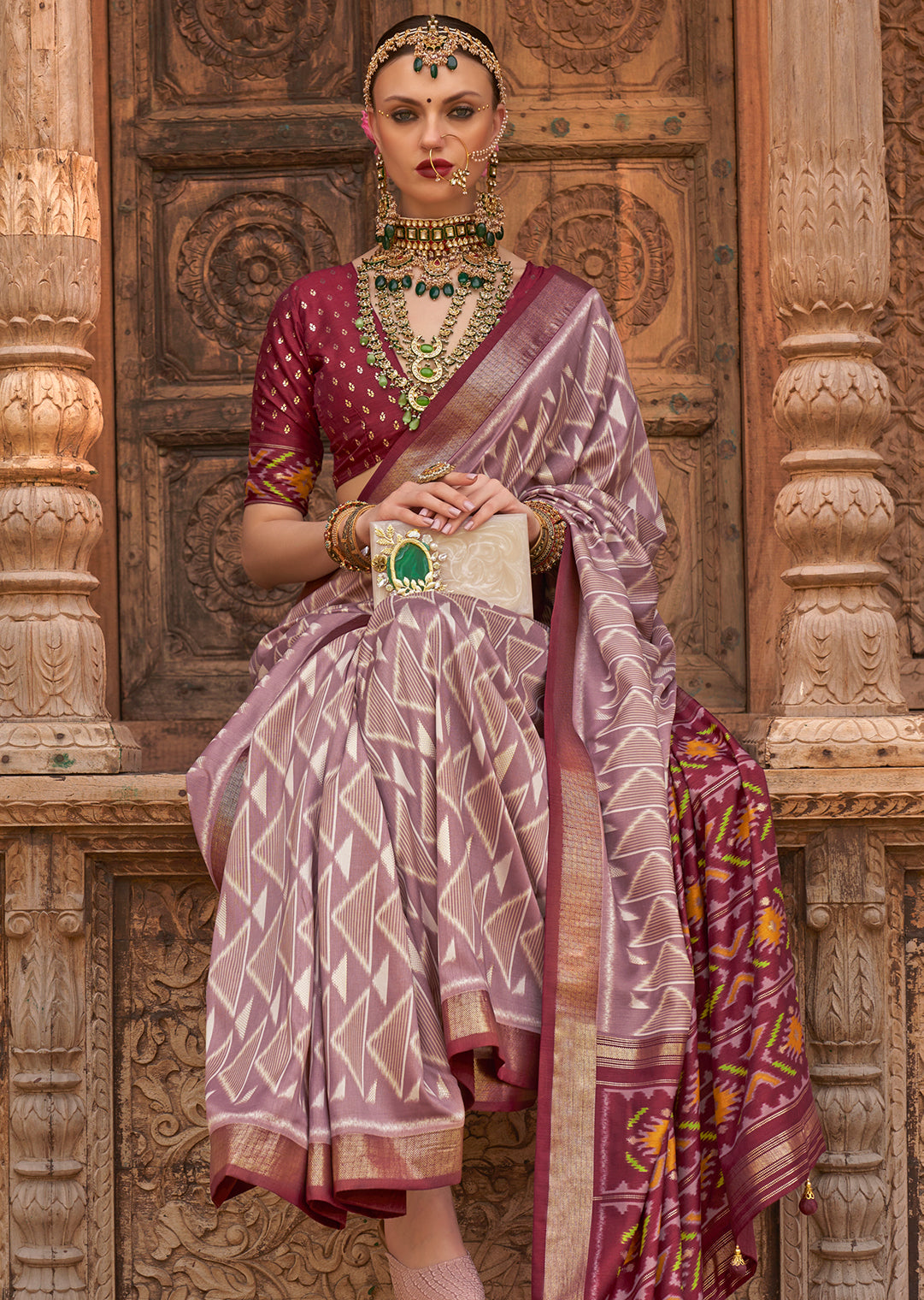 Turkish rose Pink Woven Patola Silk Saree