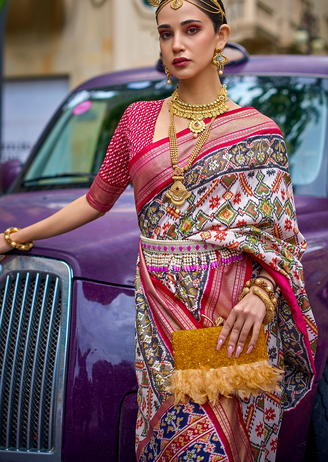 White & Pink Woven Royal Traditional Patola Silk Saree